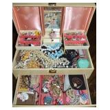 Vintage Jewelry Box w/ Costume Brooches, Necklaces