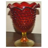 Vtg Amberina Hobnail Art Glass Pedestal Compote