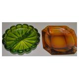 (2) Vintage Art Glass Ashtrays - Green and Amber