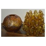 Vintage Amber Art Glass 3pc Ashtray Set + Candle