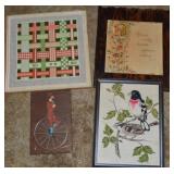 (4) Wall Art Pieces w/ Fabric Bird + Weaving,