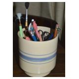 Vtg CP USA Pottery Blue Banded Planter w/ Contents