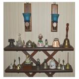 Vintage Bell Collection w/ Wall Shelf + Blue Glass