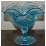 Vtg Light Blue Art Glass Floral Compote 6 5/8"w