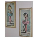 Pair Vtg Maio Big Eye Girls Litho on Cork Wall Art