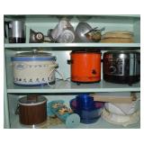 Cabinet Contents Lot: Crock Pots, Misc Kitchen,