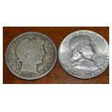 1907 90% Silver Barber Half Dollar + 1963 Franklin