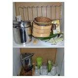 (2) Shelf Contents Lot: Pots & Pans, Vases +