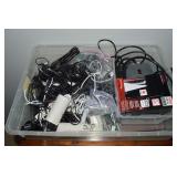 Lidded Tote of Cords, Surge Protector, Flashlight+