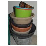 Lot of Plastic & Metal Planters +Galvanized Bucket