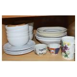 Kitchen Shelf Contents Lot: Dinnerware, Cups +