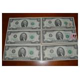 (6) 1976 US $2 2 Dollar Bills incl (2) 1st Day Iss
