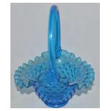 Vtg Fenton Blue Hobnail Art Glass Handled Basket