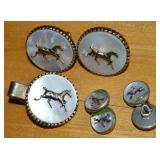 (2) Pairs Men's Cufflinks w/ Horses & MOP +Tie Bar