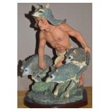 Vtg Resin Native American Warrior & Wolves Statue