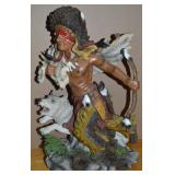 Vtg Resin Native American Warrior & Wolf Statue