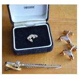 Vintage Men's Fishing Related Cuff Links, Tie Bar,