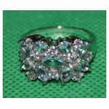 925 Sterling Aquamarine & CZ Ring Size 8