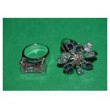 (2) Silvertone Costume Rings w/ Pink/Purple/Clear