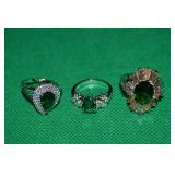 (3) Silvertone w/ Green Stone Costume Rings