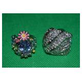 (2) Silvertone Statement Rings w/ Enamel Flowers
