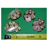 (2) Vintage Clip Earrings: Rhinestone, Faux Pearl+