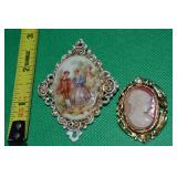 (2) Vtg Brooch Lot: Cameo & Victorian-style