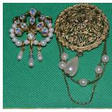 (2) Vintage Brooch Lot: Faux Pearl w/ AB RS +