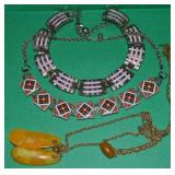 (3) Vintage Necklace Lot w/ Faux Amber Pendants +