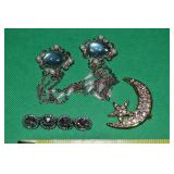 (3) Vtg Brooch Lot w/ Moon & Star Rhinestone +