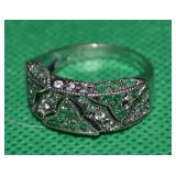 925 Sterling Silver Emerald & Diamond Ring Sz9