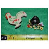 (2) Vintage Brooch Lot: Resin Chicken + Beehive