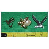 (3) Vtg Brooch Lot: Pewter Bird, Hummingbird +