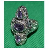 Unmarked 925 Sterling 3 Stone Amethyst Ring