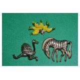 (3) Vintage Brooch Lot: Animals - Zebra, Birds,