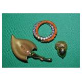 (3) Vtg Brooch Lot w/ Goldtone Acorn, Rhinestone