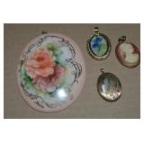 (4) Oval Pendant Lot w/ Avon, Handpainted Porc