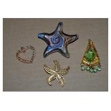 (4) Pendant Lot w/ Art Glass Star, Goldtone Star