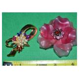 (2) Vintage Brooch Lot: RS Pink Flowers + Gold Bow