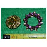 (2) Vintage Brooch Lot: Purple & Green Rhinestone
