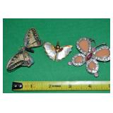 (3) Vintage Brooch Lot: Butterflies w/ Rhinestone+