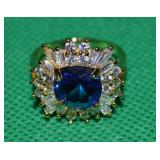 925 Sterling Vermeil Blue & Clear CZ Ring Sz8