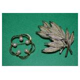 (2) Vtg Goldtone Brooch Lot: Hobe Faux Pearl +