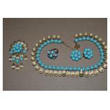 Vtg Crown Trifari Goldtone Faux Turquoise Set