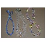 (2) Vtg AB Blue/Clear Crystal Necklaces + Plastic