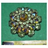 Vintage AB & Green Rhinestone Round Goldtone