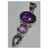 925 Sterling 3 Stone Amethyst Pendant 2.25"L