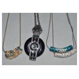 (3) Silvertone Pendant Necklaces: Rhinestones +