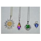 (4) Silvertone Pendants w/ Flower + (3 Chains)