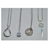 (4) Silvertone Pendant Necklaces Pearl Bird